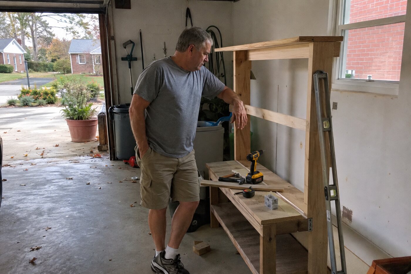 A man pausing beside an unfinished Saturday project in his garage